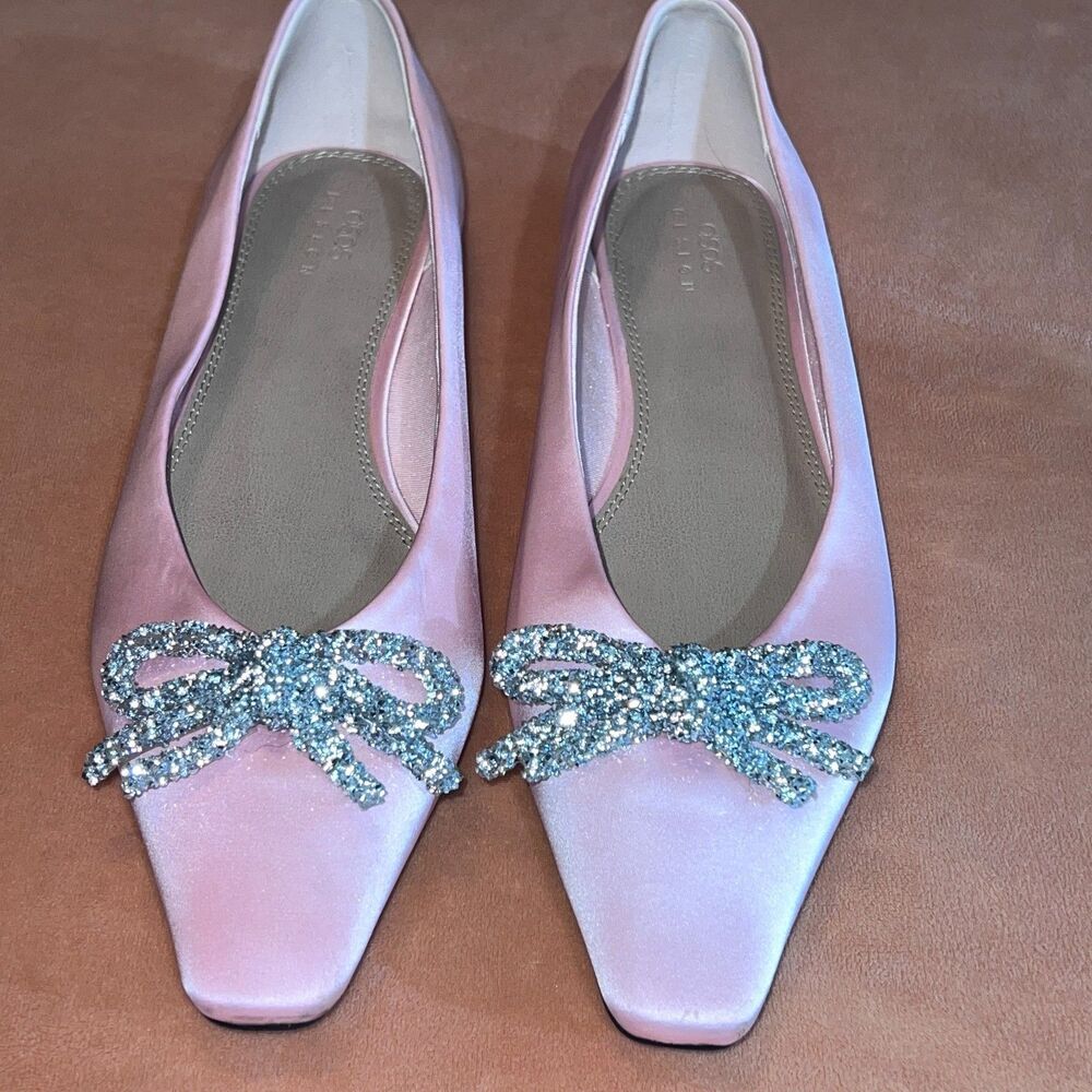 Asos Pink Satin square toe Ballet Flats Womens Size 8 Rhinestone Bows--Oh my!
